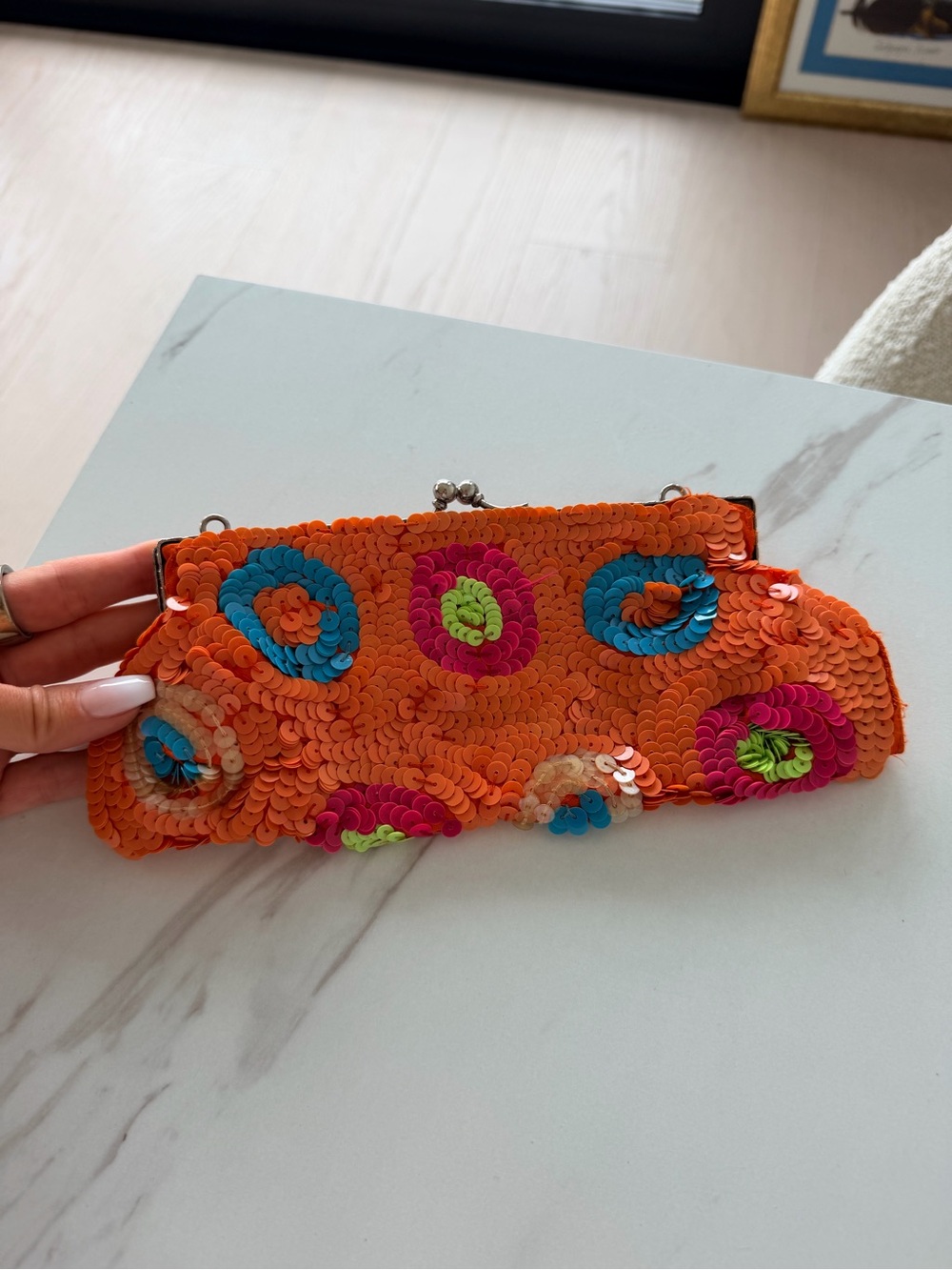 Orange Sequin Circle Accent Clutch